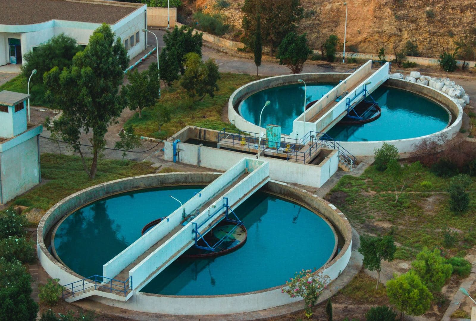 Aerial view of round water treatment basins